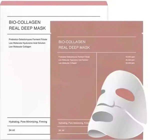 Korean Bio Collagen Real Deep Mask deep hydration oligo hydrolyzed hyaluronic acid pore tightening firming ultra-low molecular collagen brightens skin Galactomyces Ferment Filtrate Niacinamide ampoule solidified transparent mask marine collagen better bioavailability sustainability