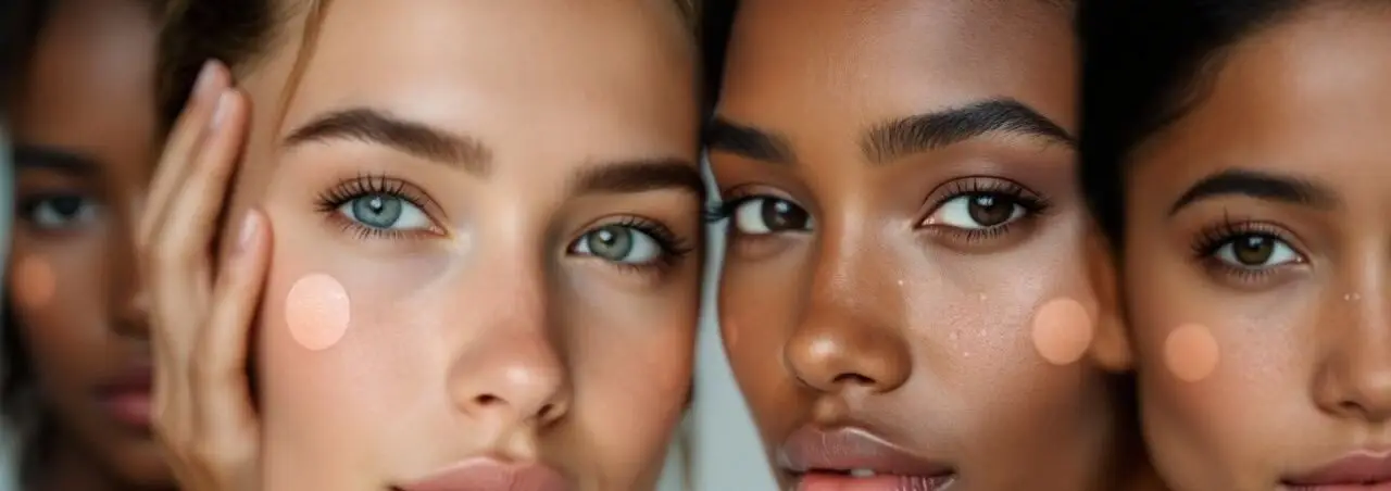 Four teenage girls different skin colors showing clear almost invisible pimple patches light color demonstration actual patch sizes acne treatment diverse skin tones