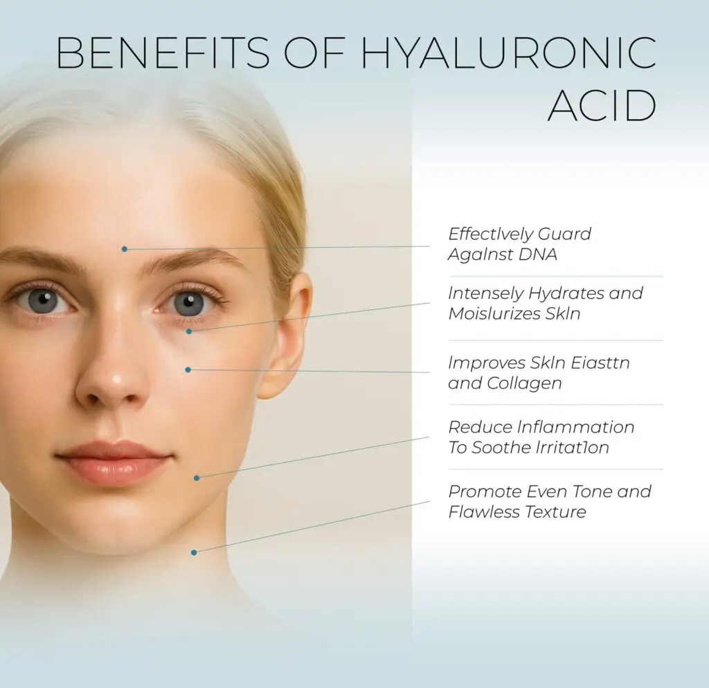 Woman showing results Sigma Essentials hyaluronic acid cream multiple skincare benefits DNA damage protection intensely hydrating moisturizing elastin collagen production reducing inflammation even tone flawless texture