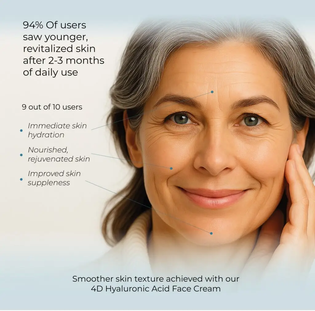 Mature woman 94% users saw younger revitalized skin 2-3 months daily use 9 out 10 users immediate skin hydration nourished rejuvenated skin improved suppleness smoother skin texture 4D Hyaluronic Acid Cream