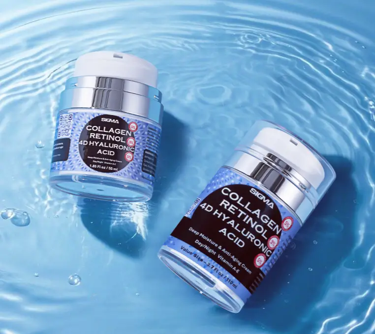 Sigma Essentials jars 55ml 1.85oz value size 110ml 3.7oz premium luxury quality cream prices any woman can afford best anti-aging face cream retinol 3% collagen 5% hyaluronic acid professional strength wrinkle reducer moisturizer