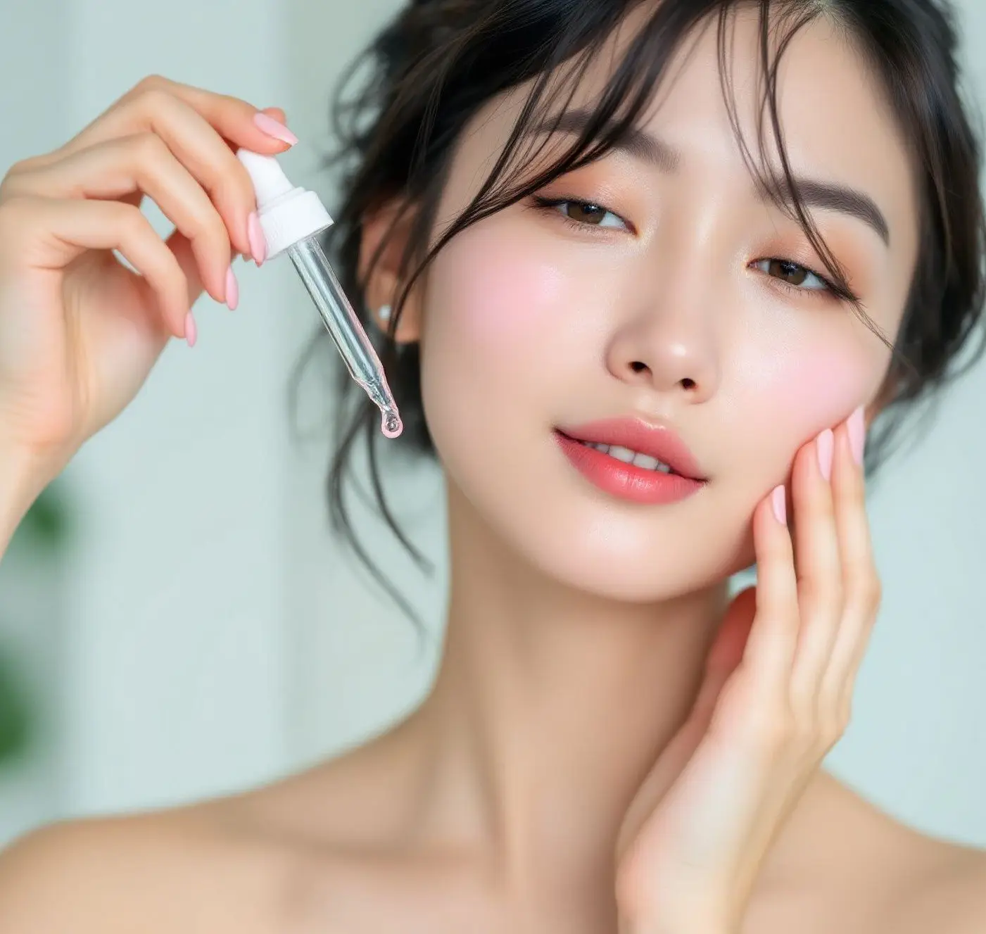 Asian woman proper serum application technique pink serum dropper professional skincare anti-aging hydration therapy clinical strength targeted application