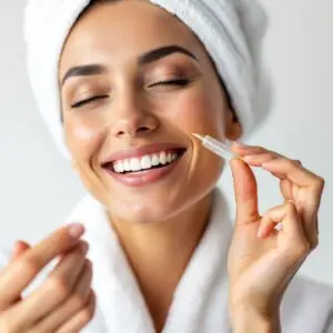 Woman applying prickly pear seed oil all ages skin body hair premium organic cold press anti-aging treatment professional skincare