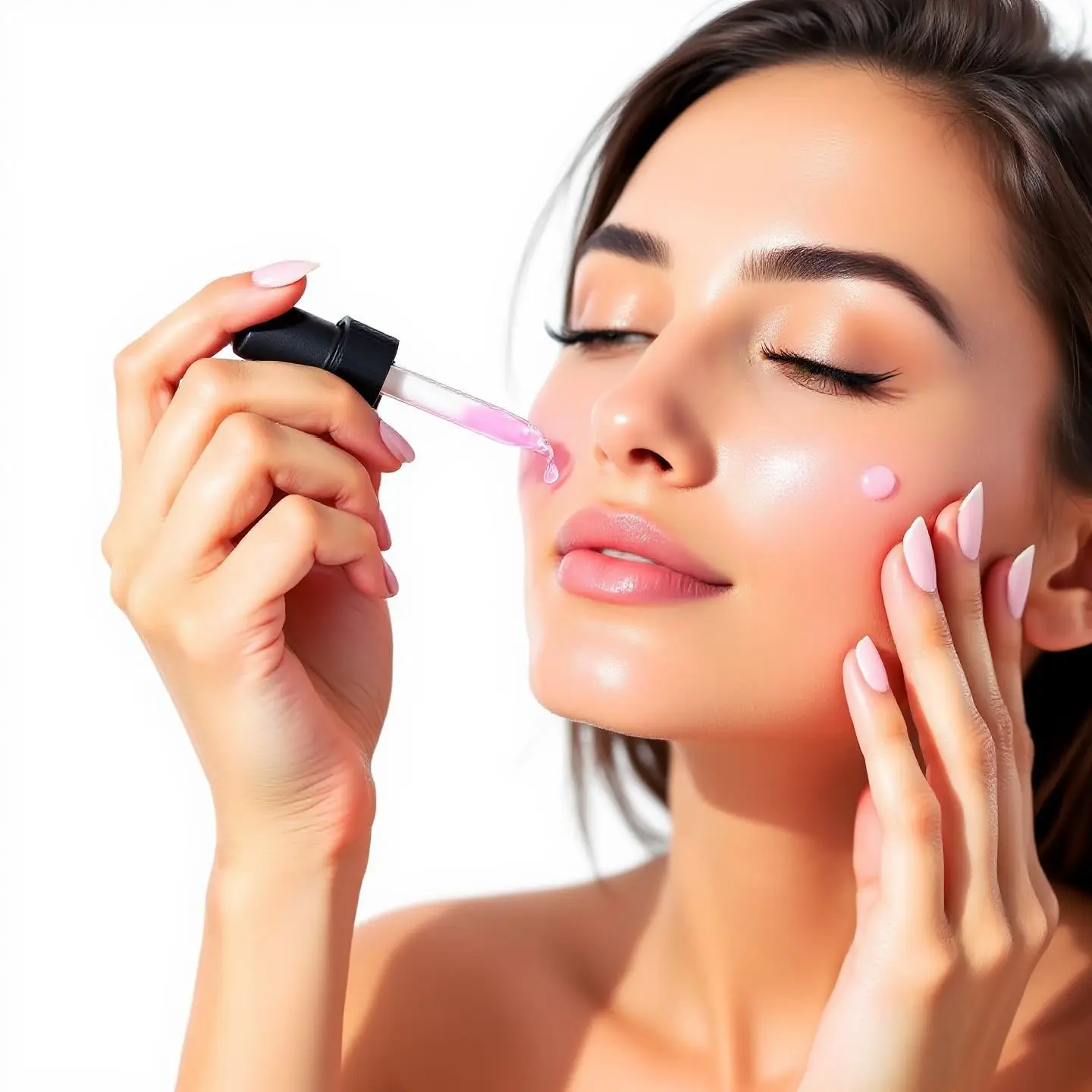 Woman applying pink jelly serum face proper skincare application anti-aging treatment clinical strength hydrating serum maximum absorption