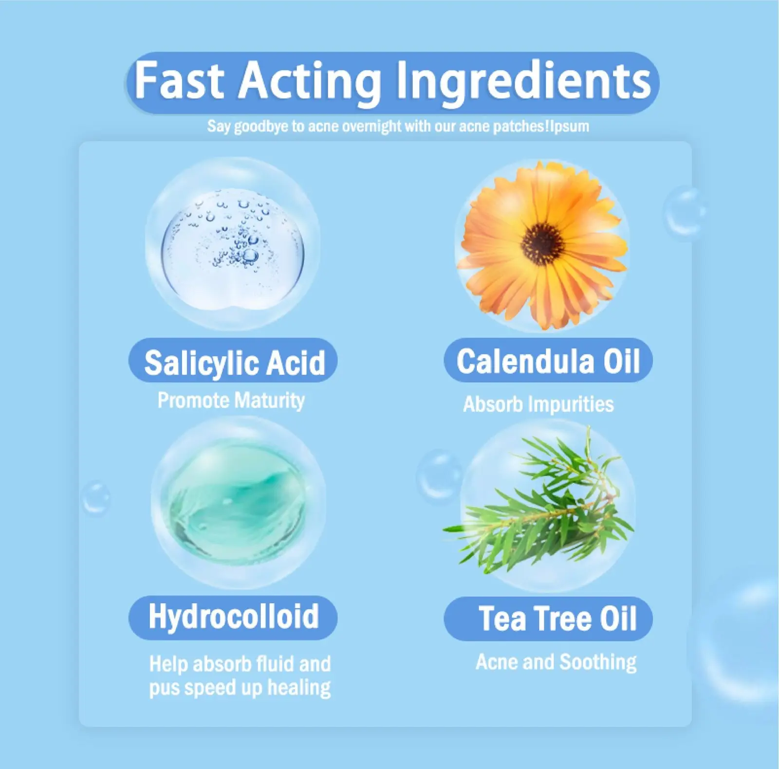 Pimple Patch Rx 4 ingredients fast acting ingredients say goodbye acne overnight salicylic acid promote maturity calendula oil absorb impurities hydrocolloid absorb fluid pus speed healing tea tree oil acne soothing