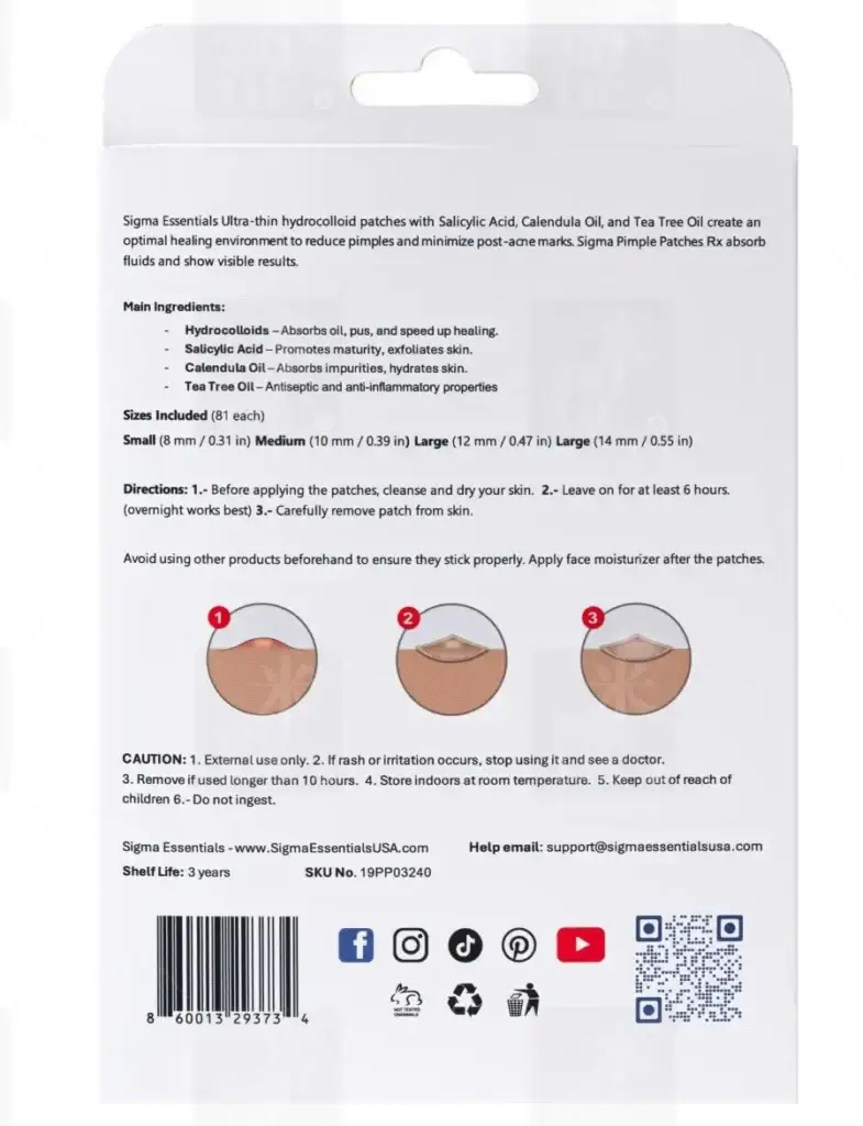 Sigma Essentials Pimple Patch Rx back of box ingredients hydrocolloids salicylic acid calendula oil tea tree oil sizes instructions use caution shelf life 36 months