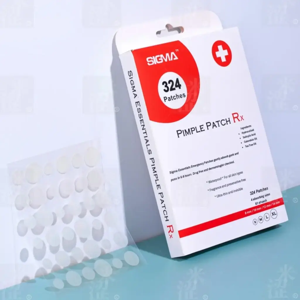 Pimple Patch Rx front box packaging 1 sheet 36 patches Sigma Essentials professional acne treatment clinical-strength hydrocolloid salicylic acid calendula tea tree oil 4 sizes S-M-L-XL