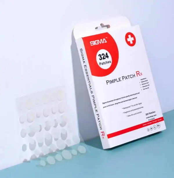 Pimple Patch Rx front box packaging 1 sheet 36 patches Sigma Essentials professional acne treatment clinical-strength hydrocolloid salicylic acid calendula tea tree oil 4 sizes S-M-L-XL