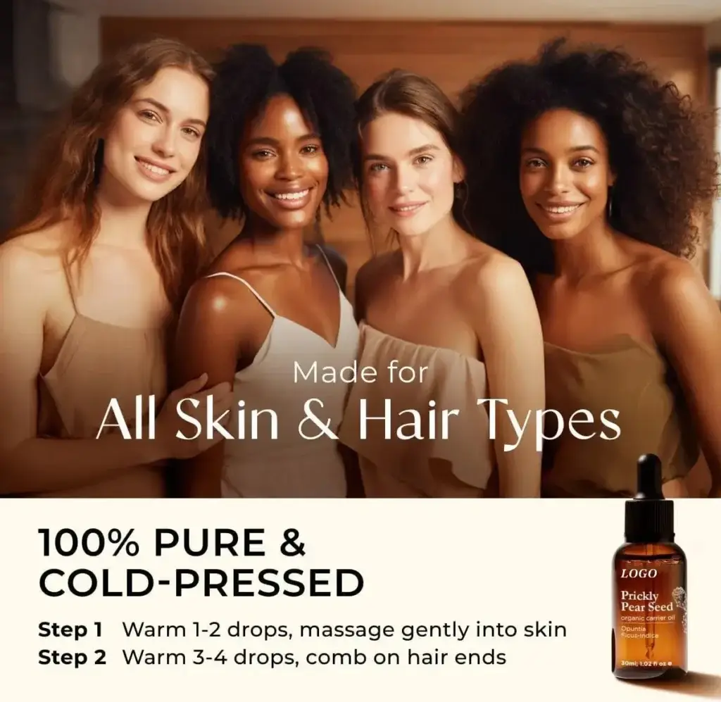 Four multi-racial women prickly pear seed oil all skin hair types diversity natural beauty benefits all skin tones celebrating diversity