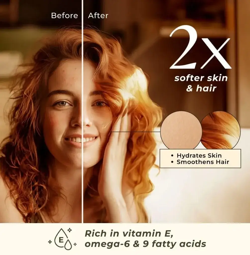 Woman before and after transformation woman softer skin hair prickly pear seed oil vitamin E omega 6-9 fatty acids visible results 100% pure cold-pressed