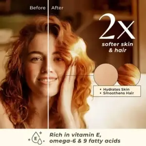 Woman before and after transformation woman softer skin hair prickly pear seed oil vitamin E omega 6-9 fatty acids visible results 100% pure cold-pressed