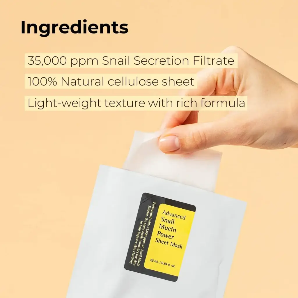 Snail mucin power sheet mask hermetically sealed envelope 35000 ppm snail secretion filtrate 100% natural cellulose sheet light-weight texture rich formula professional skincare
