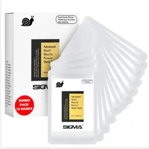 Snail Mucin Power Sheet Mask Sigma Essentials Premium Korean Snail Mucin Face Masks 12-Pack intensive hydration treatment snail mucin serum anti-wrinkle anti-aging deep moisturizing dry sensitive skin cruelty-free no parabens no sulfates 35000 ppm concentration glass-like skin