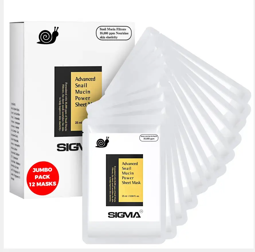 Snail Mucin Power Sheet Mask Sigma Essentials Premium Korean Snail Mucin Face Masks 12-Pack intensive hydration treatment snail mucin serum anti-wrinkle anti-aging deep moisturizing dry sensitive skin cruelty-free no parabens no sulfates 35000 ppm concentration glass-like skin